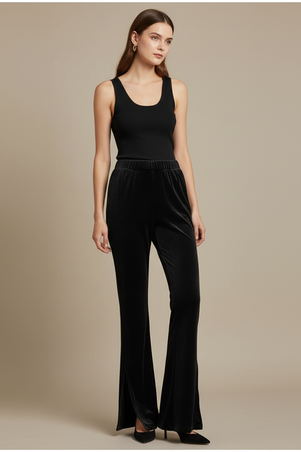 Pantalon Fluide Noir Velours Côtelé Évasé Chic Femme