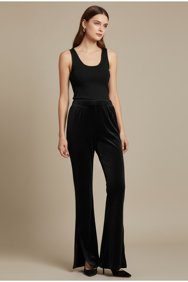Pantalon Fluide Noir Velours Côtelé Évasé Chic Femme