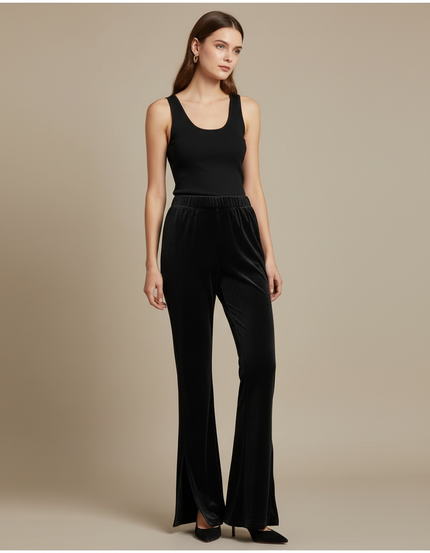 Pantalon Fluide Noir Velours Côtelé Évasé Chic Femme