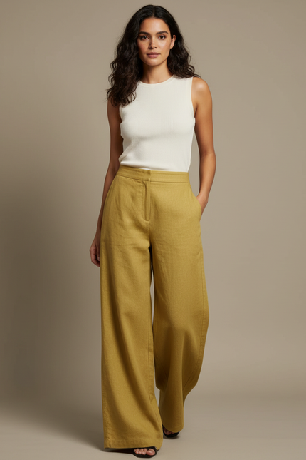 Pantalon Fluide Jaune Moutarde Ample Lin Femme