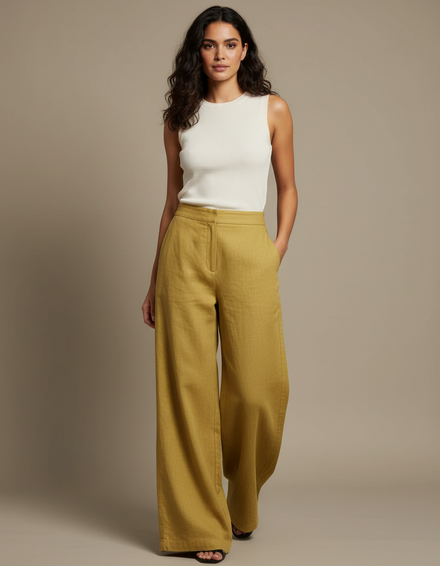 Pantalon Fluide Jaune Moutarde Ample Lin Femme