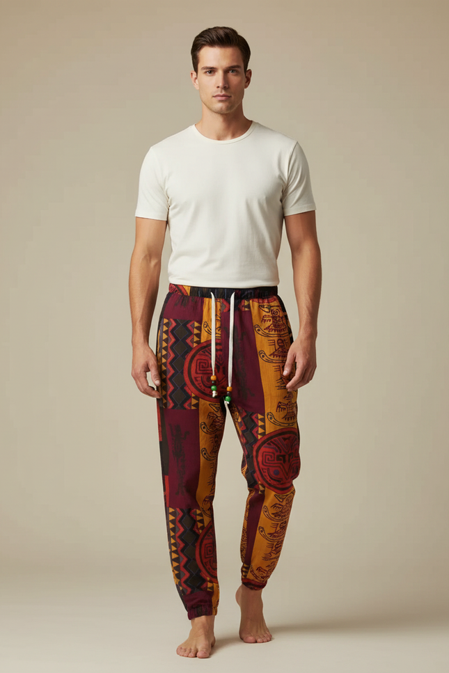 Pantalon Fluide Tribal Ethnique Imprimé Ample Cordon Homme - Multicolore Viscose