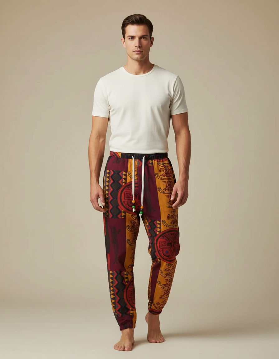 Pantalon Fluide Tribal Ethnique Imprimé Ample Cordon Homme - Multicolore Viscose