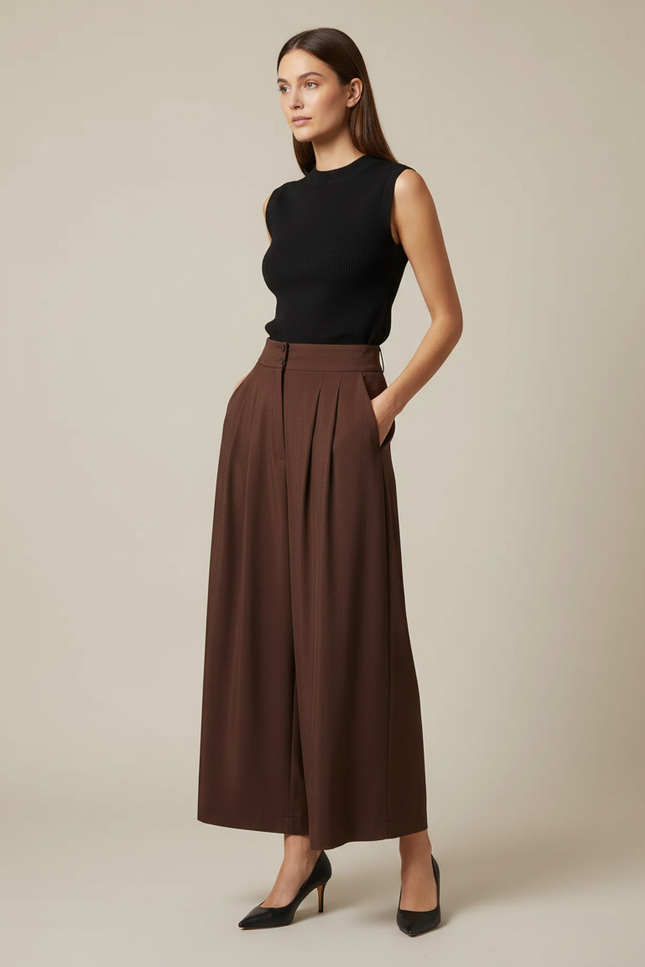 Pantalon Fluide Marron Plissé Large Élégant Chic - Viscose