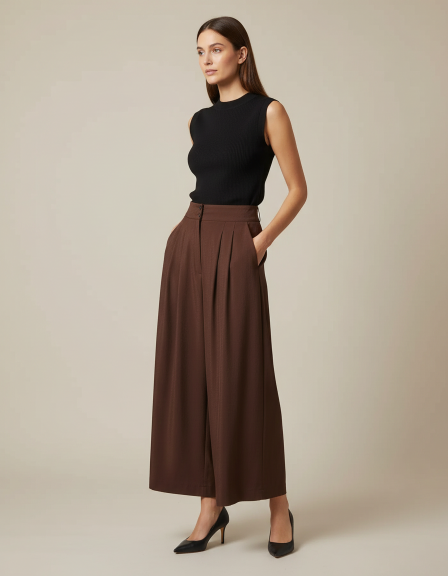 Pantalon Fluide Marron Plissé Large Élégant Chic - Viscose
