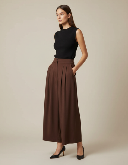 Pantalon Fluide Marron Plissé Large Élégant Chic - Viscose