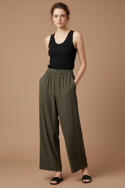 Pantalon Fluide Kaki Ample Décontracté Femme - Viscose