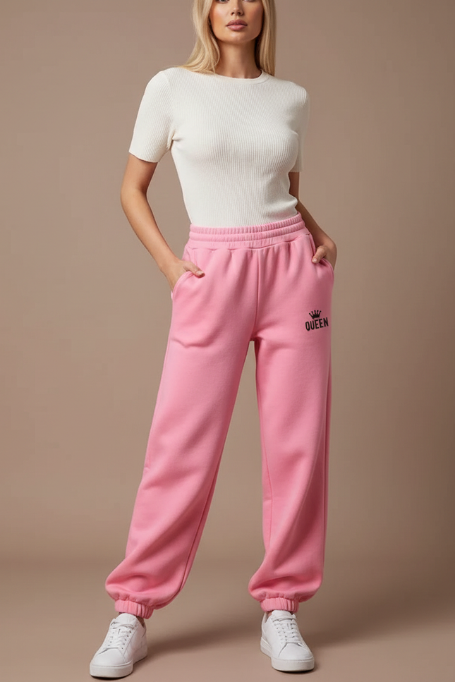 Pantalon Fluide Rose Ample Molleton QUEEN Cordon