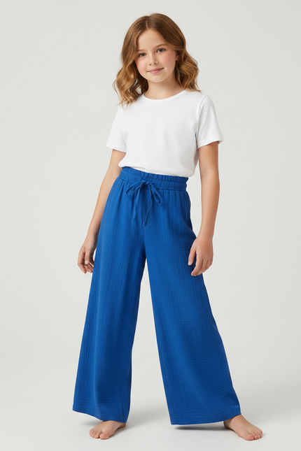 Pantalon Fluide Bleu Royal Ample Coton Plissé
