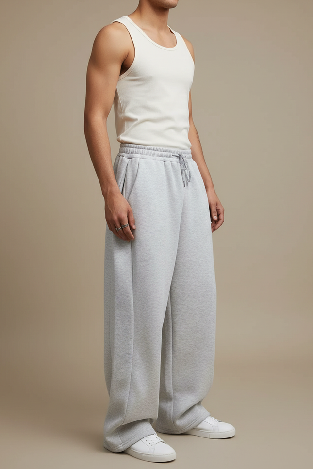 Pantalon Fluide Gris Ample Cordon Décontracté - Molleton