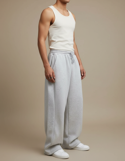 Pantalon Fluide Gris Ample Cordon Décontracté - Molleton