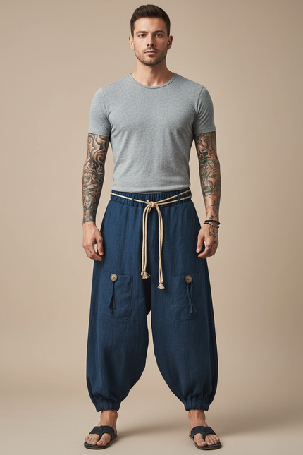 Pantalon Fluide Bleu Ample Coton Lin Homme Décontracté - Marine