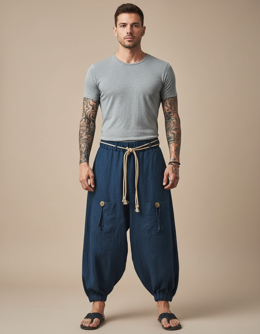 Pantalon Fluide Bleu Ample Coton Lin Homme Décontracté - Marine