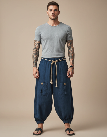 Pantalon Fluide Bleu Ample Coton Lin Homme Décontracté - Marine