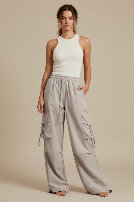Pantalon Fluide Gris Ample Cargo Décontracté Léger - Polyester