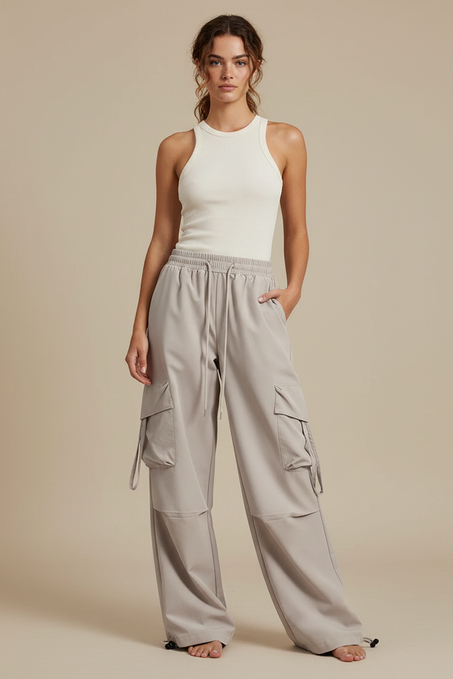 Pantalon Fluide Gris Ample Cargo Décontracté Léger - Polyester