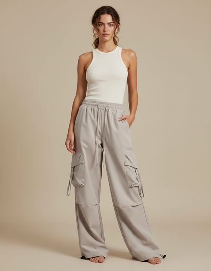 Pantalon Fluide Gris Ample Cargo Décontracté Léger - Polyester