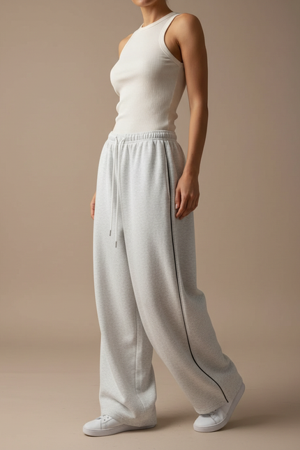 Pantalon Fluide Gris Ample Décontracté Rayures Latérales - Molleton