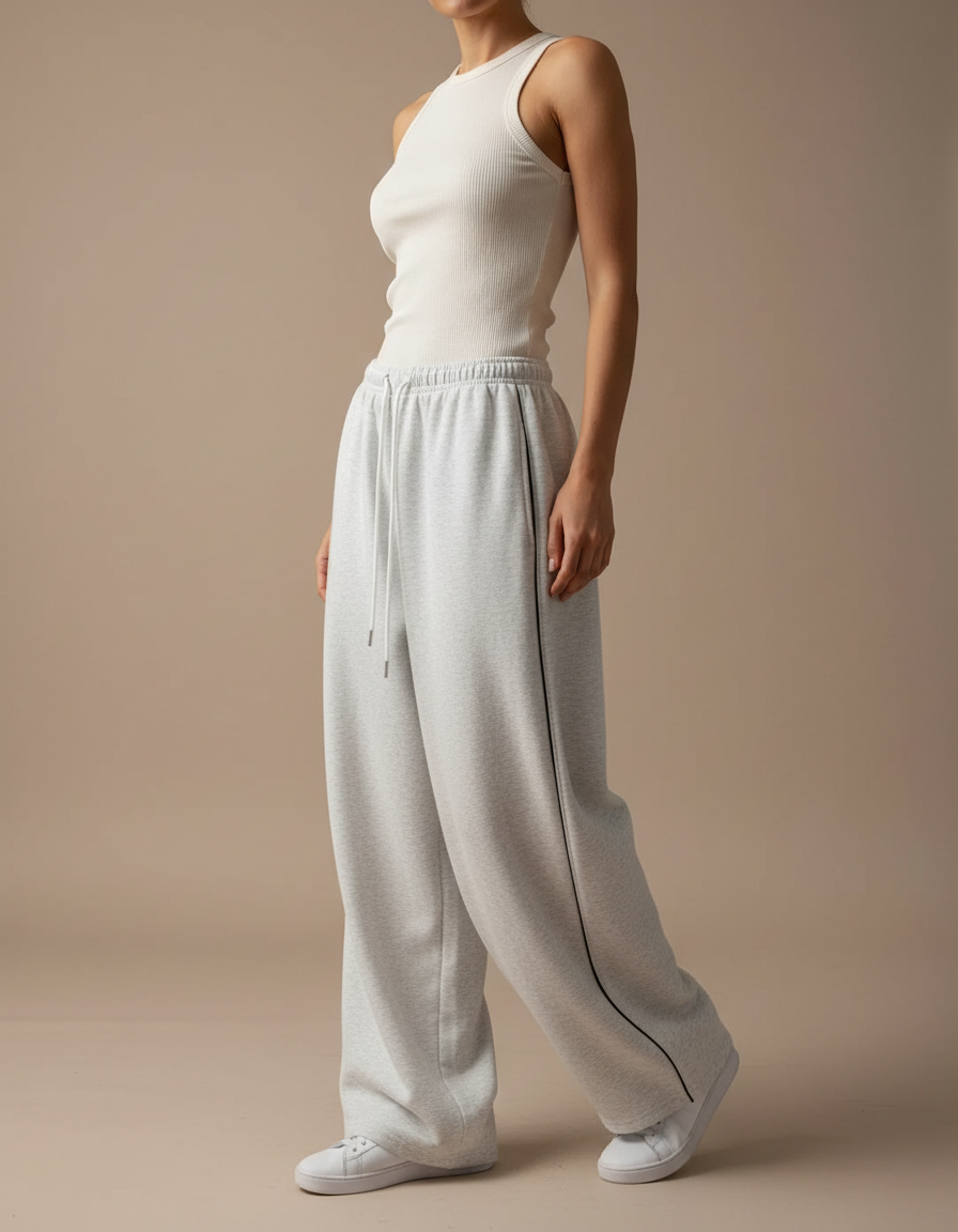 Pantalon Fluide Gris Ample Décontracté Rayures Latérales - Molleton