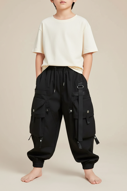 Pantalon Fluide Noir Cargo Ample Garçon Streetwear - Polyester