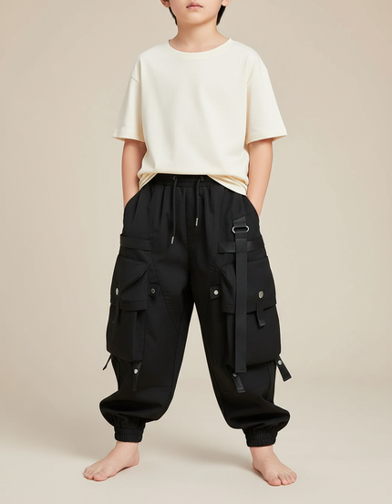 Pantalon Fluide Noir Cargo Ample Garçon Streetwear - Polyester