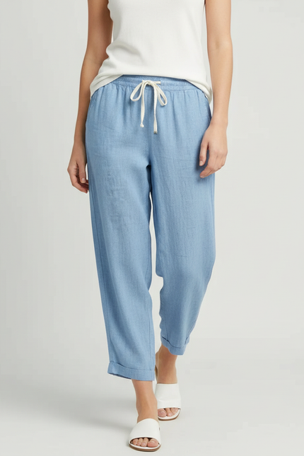 Pantalon Fluide Bleu Ciel Lin Ample Cordon Femme