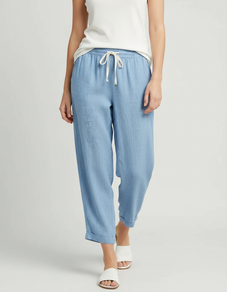 Pantalon Fluide Bleu Ciel Lin Ample Cordon Femme