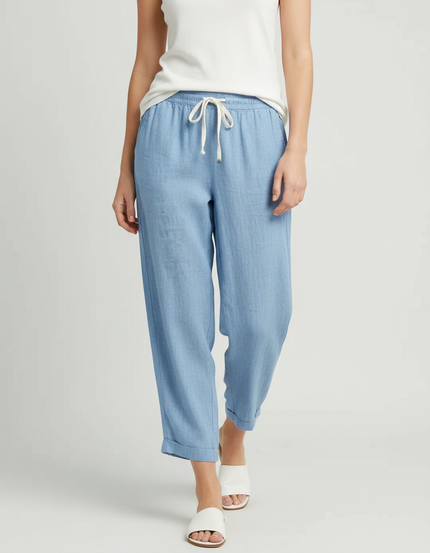 Pantalon Fluide Bleu Ciel Lin Ample Cordon Femme