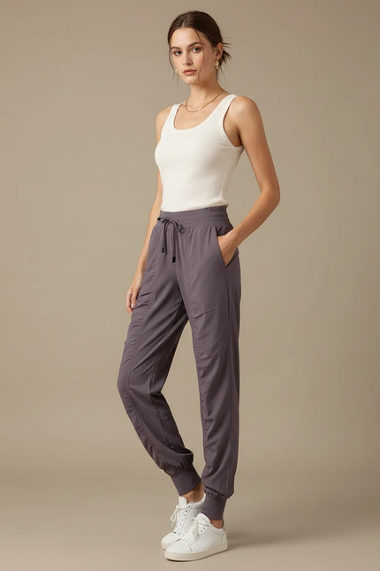 Pantalon Fluide Gris Cordon Sport Jogger Femme - Polyester