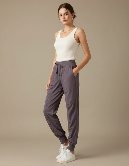 Pantalon Fluide Gris Cordon Sport Jogger Femme - Polyester