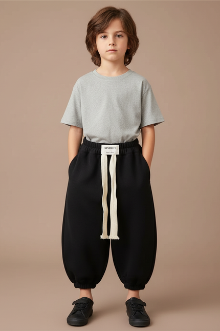 Pantalon Fluide Garçon Noir Coupe Ample Coton - Molleton