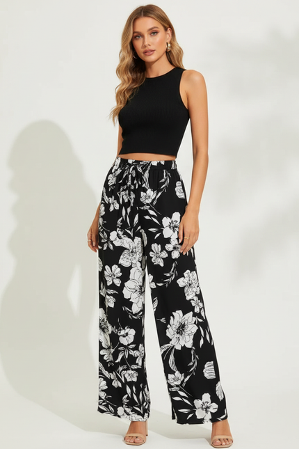 Pantalon Fluide Noir Floral Ample Taille Haute - Viscose