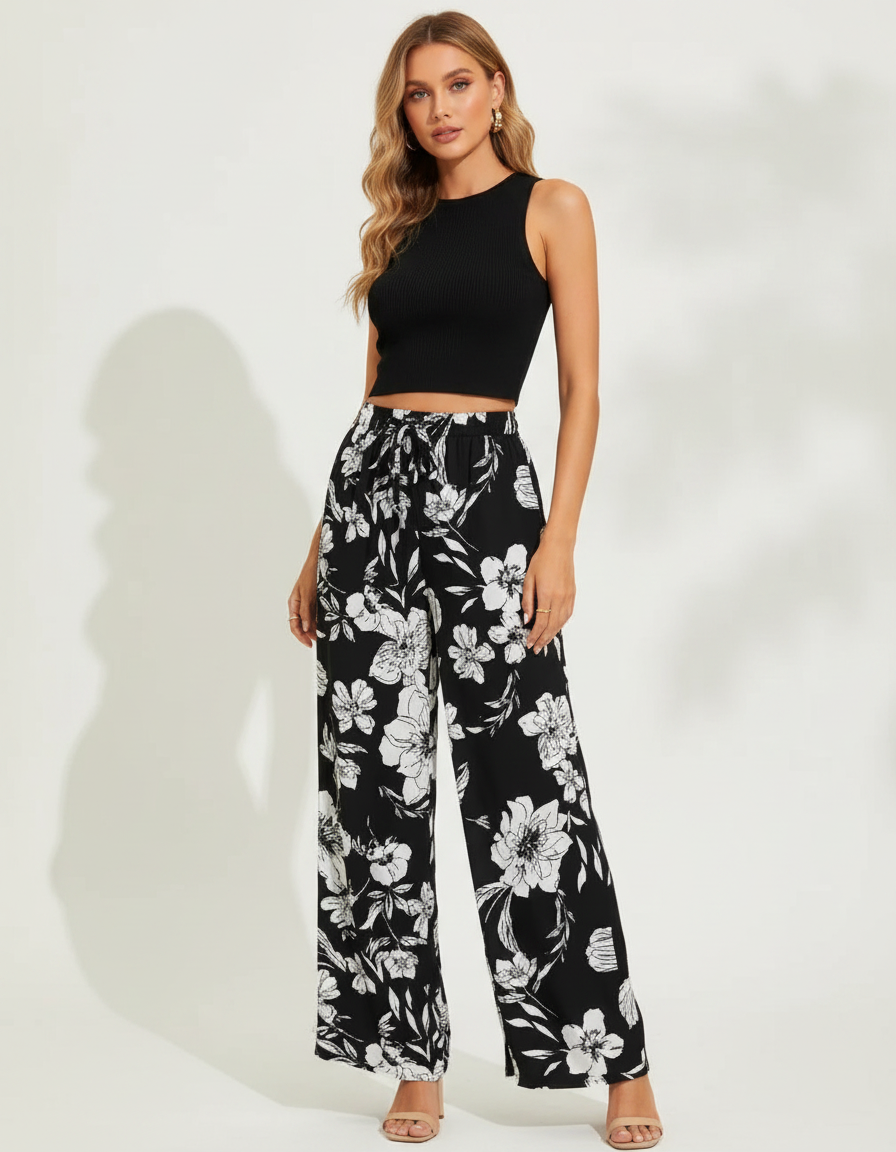 Pantalon Fluide Noir Floral Ample Taille Haute - Viscose