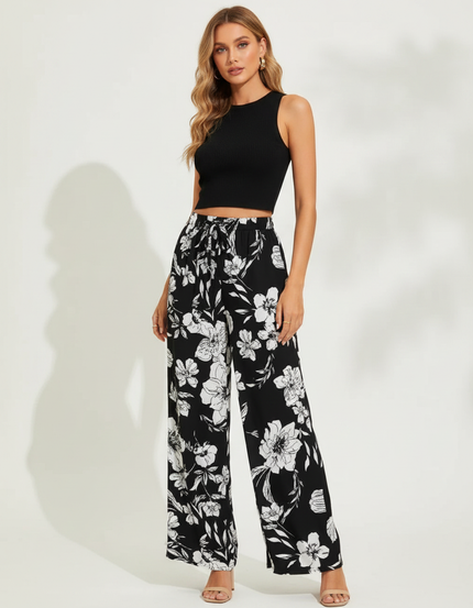 Pantalon Fluide Noir Floral Ample Taille Haute - Viscose