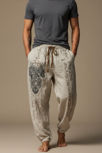 Pantalon Fluide Écru Lin Ample Imprimé Viking Homme - Beige