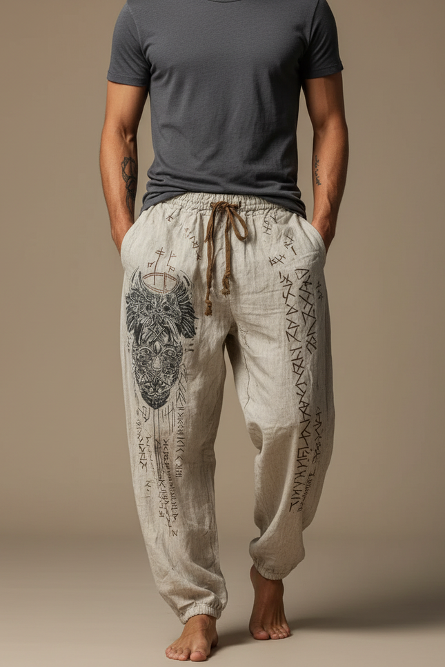 Pantalon Fluide Écru Lin Ample Imprimé Viking Homme - Beige