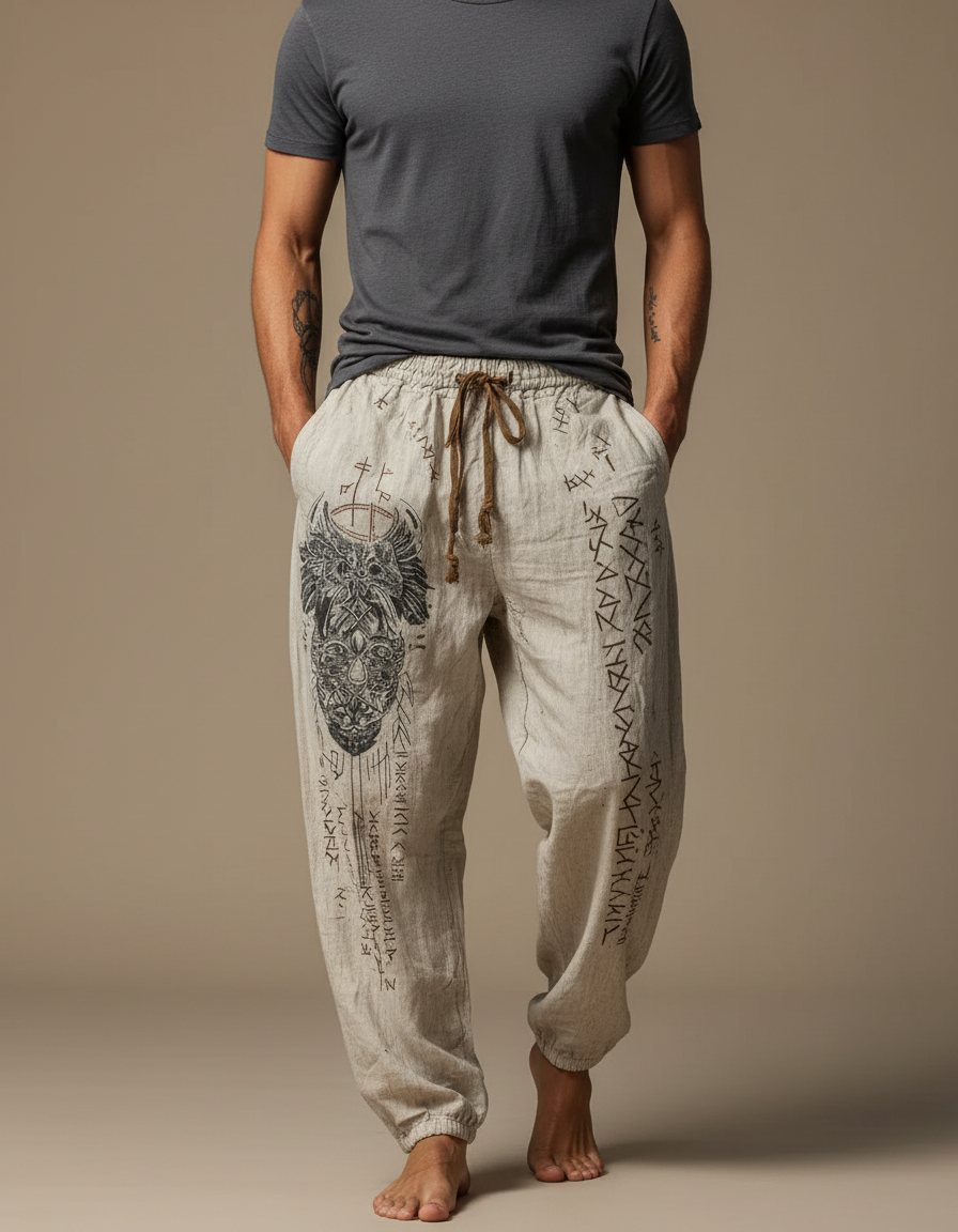 Pantalon Fluide Écru Lin Ample Imprimé Viking Homme - Beige