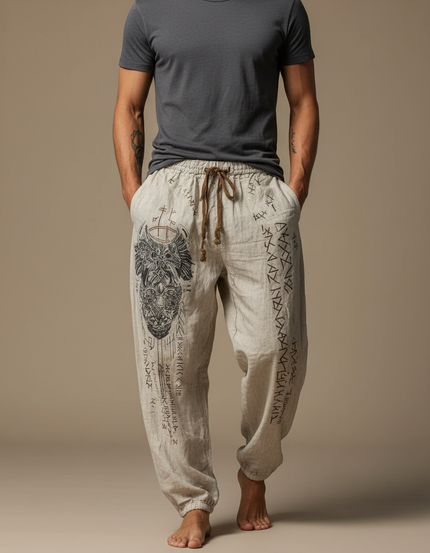 Pantalon Fluide Écru Lin Ample Imprimé Viking Homme - Beige