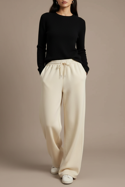 Pantalon Fluide Écru Ample Cordon Décontracté - Beige Molleton