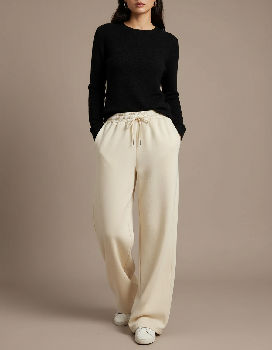 Pantalon Fluide Écru Ample Cordon Décontracté - Beige Molleton