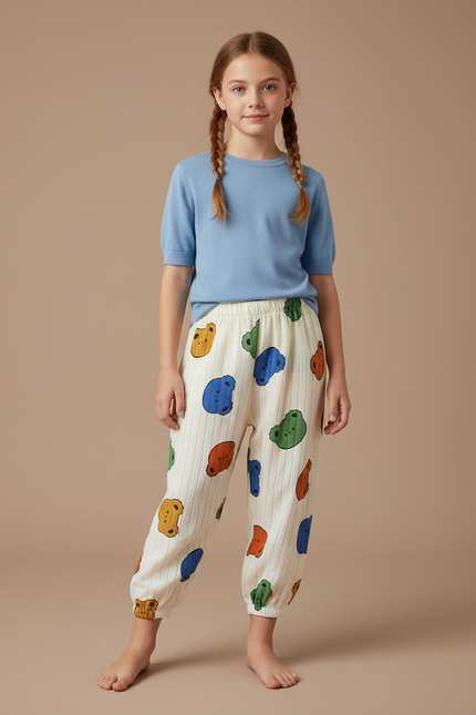 Pantalon Fluide Écru Rayé Imprimé Oursons Coton Ample - Multicolore