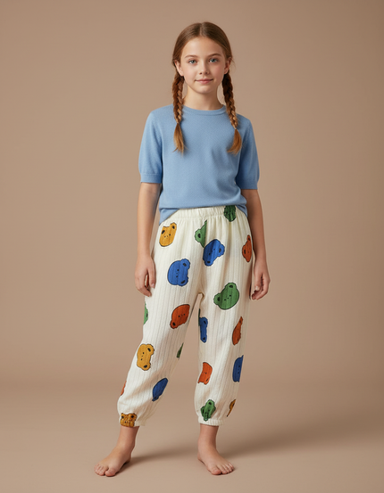 Pantalon Fluide Écru Rayé Imprimé Oursons Coton Ample - Multicolore