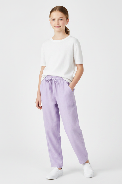 Pantalon Fluide Violet Lin Ample Décontracté Fille