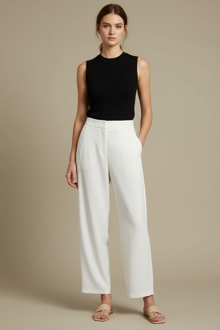 Pantalon Fluide Blanc Ample Taille Haute Plissé Chic - Viscose