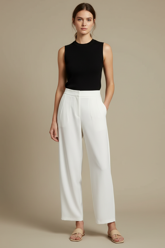 Pantalon Fluide Blanc Ample Taille Haute Plissé Chic - Viscose
