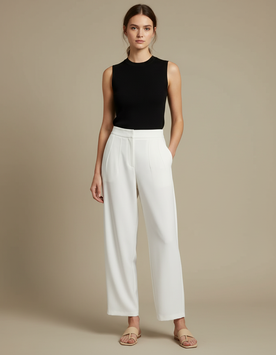 Pantalon Fluide Blanc Ample Taille Haute Plissé Chic - Viscose
