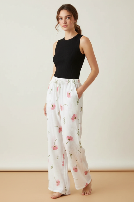 Pantalon Fluide Blanc Fleuri Coton Ample Décontracté