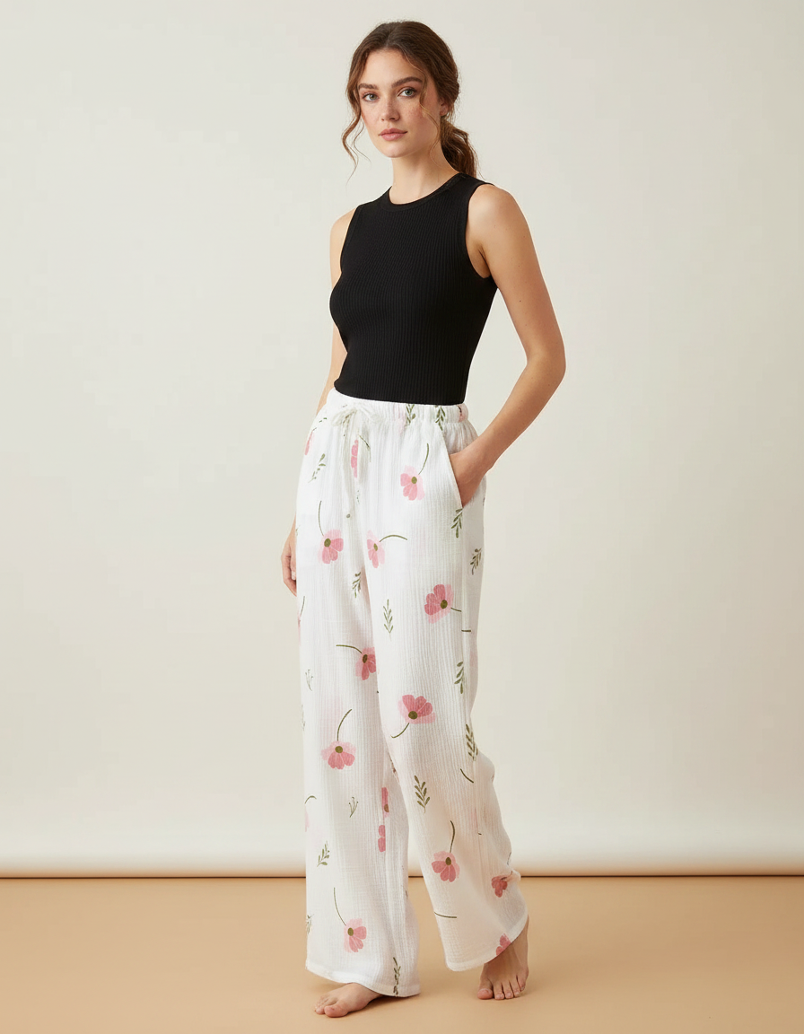 Pantalon Fluide Blanc Fleuri Coton Ample Décontracté