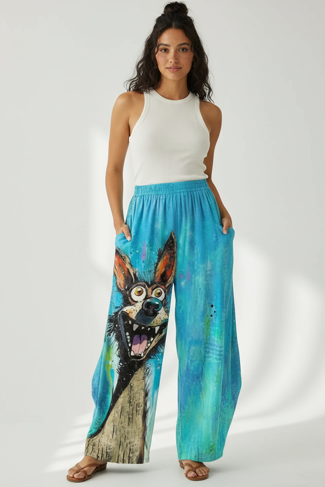 Pantalon Fluide Bleu Imprimé Chien Ample Décontracté - Viscose