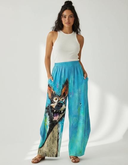 Pantalon Fluide Bleu Imprimé Chien Ample Décontracté - Viscose